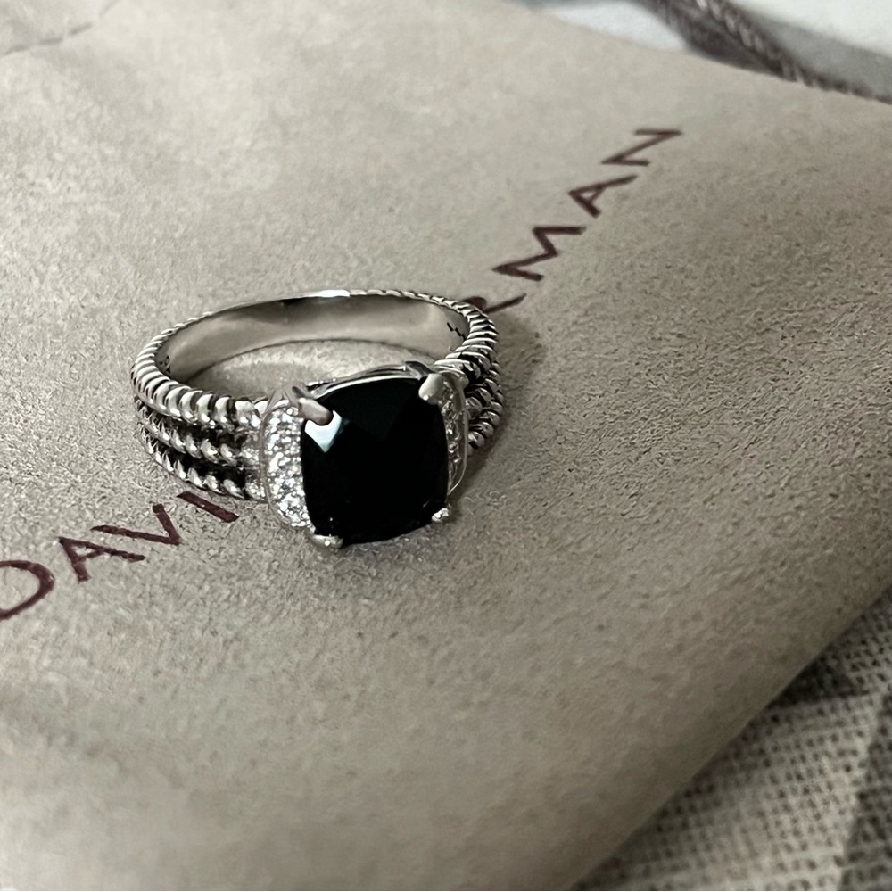 David Yurman Men's Silver Ring with Black Onyx and Pavé Diamonds sz8